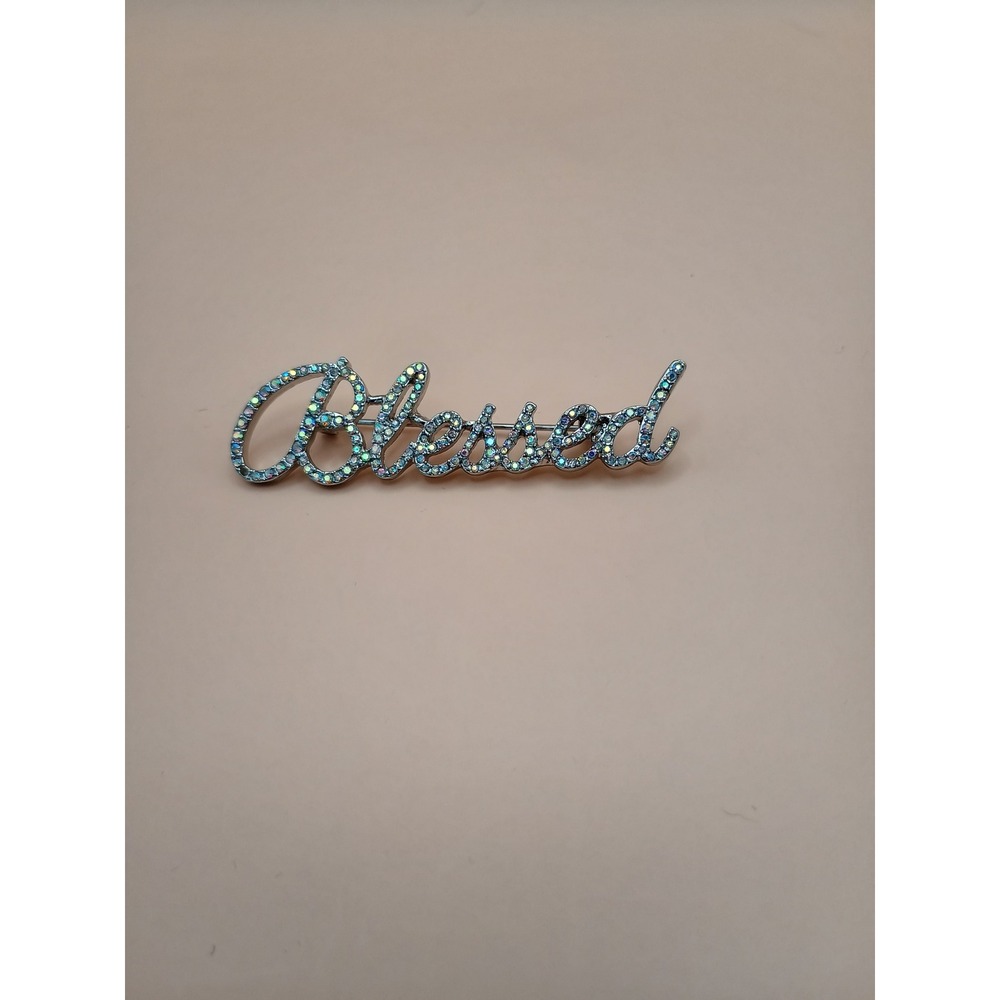Blessed Script Brooch Aurora Borealis Rhinestone Silver Tone Inspirational Pin